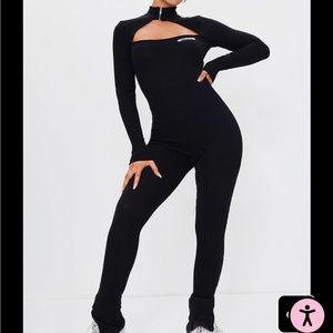 Zip collar brushed rib jumpsuit